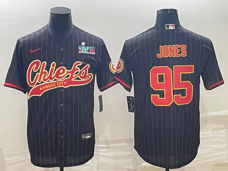 Men's Kansas City Chiefs #95 Chris Jones Black With Super Bowl LVII Patch Cool Base Stitched Baseball Jersey Men's Kansas City Chiefs #95 Chris Jones Black With Super Bowl LVII Patch Cool Base Stitched Baseball Jersey